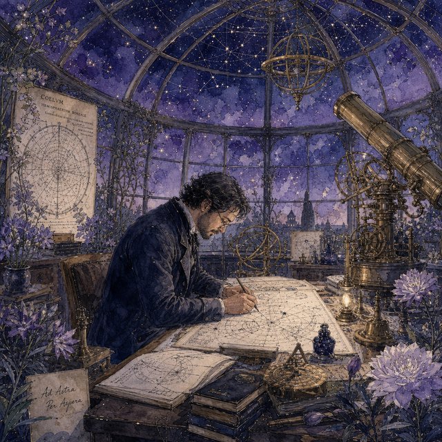 Ink-and-watercolour illustration of an adult astronomer mapping constellations from a glass-domed observatory, surrounded by brass instruments and flowering night plants. Indigo, lavender, and pale gold palette, delicate linework, serene atmospheric detail. — GPT Image 2