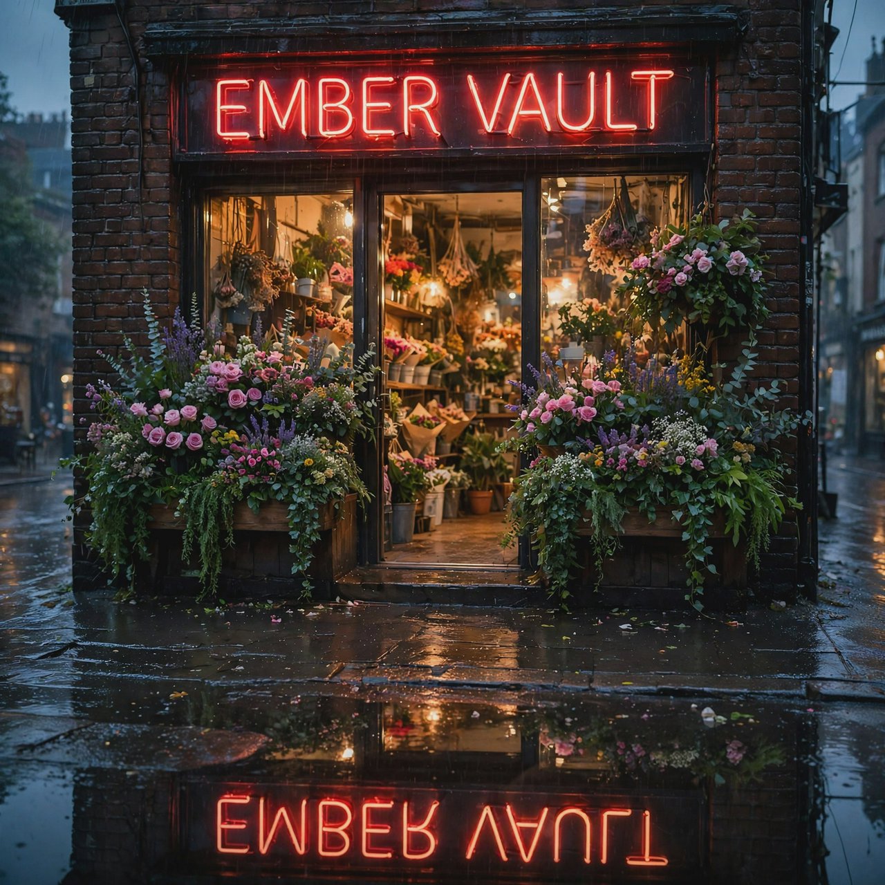 At dusk, a narrow flower shop with rain-dark brick, overflowing window boxes, and warm interior light; the invented name "EMBER VAULT" is rendered in red neon tubing above the entrance, reflected in puddles. — Muse Image 1.0