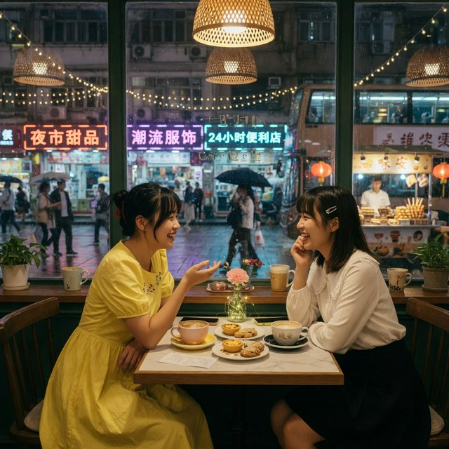 A cozy nighttime café scene featuring two young adult Chinese women seated at a table by a window. One wears a yellow dress, and the other, seated opposite her, wears a white blouse and black skirt. They are chatting warmly with each other, with two cups of coffee on the table. Outside the window, a lively shopping street glows with evening lights, creating a relaxed, intimate, and cinematic atmosphere. — Grok Imagine Image Quality