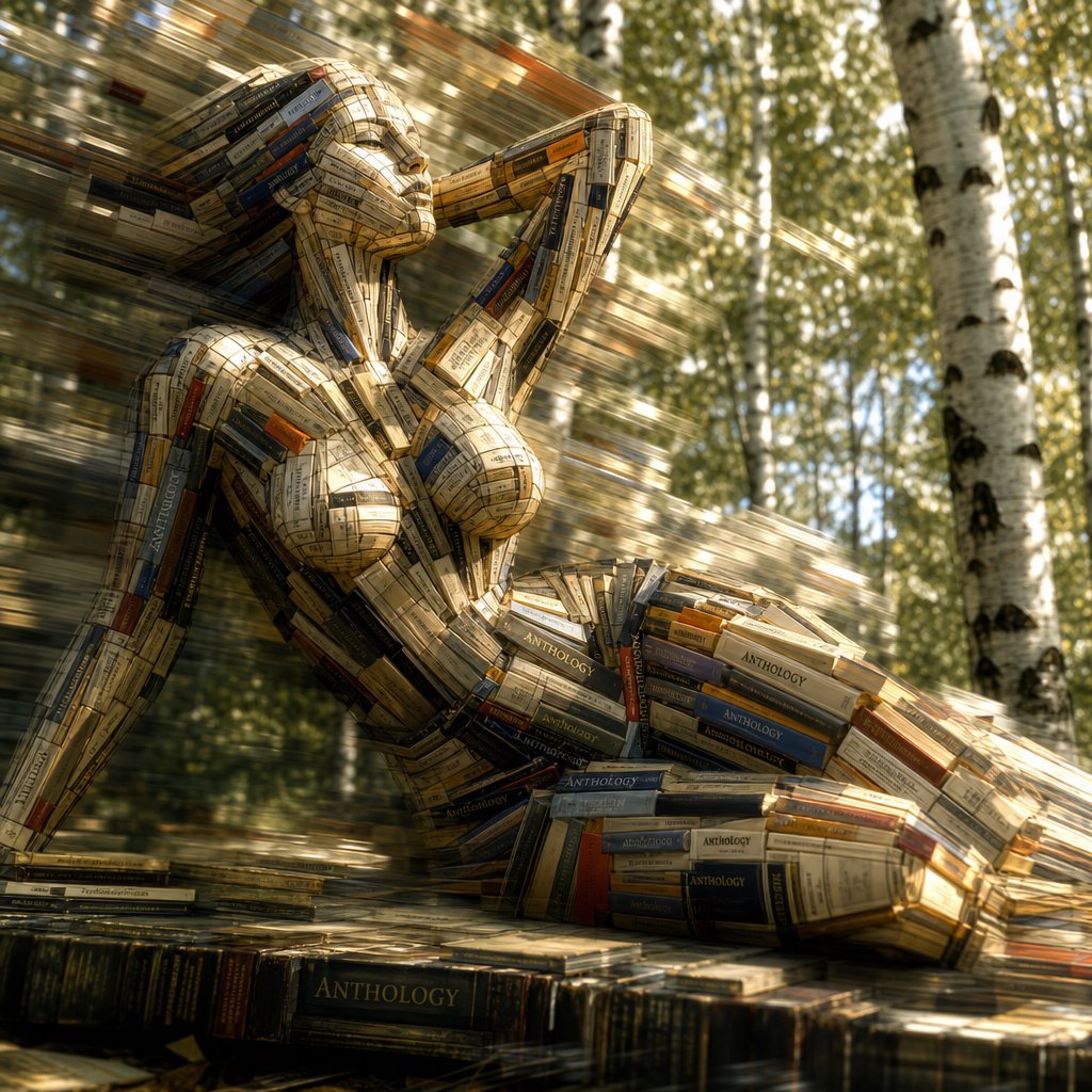 Create an adult odalisque entirely made of anthologies. The odalisque is formed from an anthology, with movement and motion blur that clearly shows its composition. The material should appear high quality, with dappled sunlight. The background is a birch forest, and the overall mood is Futurism. — GPT Image 2