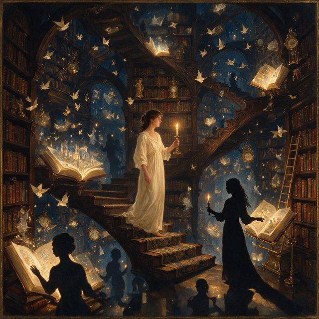 In an infinite library where floating staircases defy gravity, a young woman carries a candle through endless shelves. Her shadow has quietly detached itself from her feet and now wanders independently among the towering bookcases, secretly opening glowing books filled with forgotten memories. Each open page reveals miniature worlds: flying origami birds, drifting clocks, and tiny ghostly figures. The woman's candlelight creates impossible reflections, revealing dozens of alternative shadows with distinct personalities. Dreamlike surrealism, warm golden candlelight set against deep blue darkness, intricate details, magical realism, painterly. — Seedream 5.0 Pro
