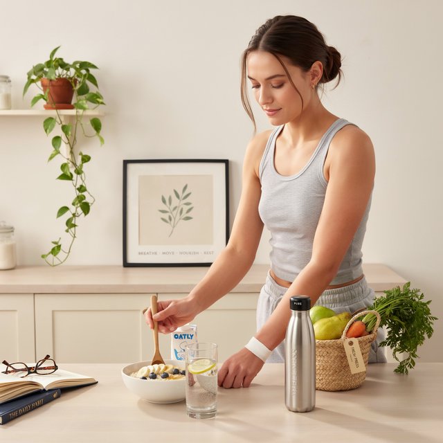 Realistic image depicting great health in many ways. In the background, words related to health are hidden in plain sight. — Ideogram v4