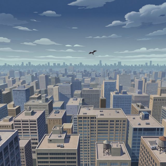 Clean cel-shaded painted cityscape, wide high-angle elevated rooftop level shot looking out over dense modern downtown office buildings, small dark winged figure hovering above central midground rooftops, pale overcast deep blue sky with wispy white clouds, diffused even daylight lighting with soft subtle ambient shadows, muted cool grey, beige, blue building facades with uniform office windows, flat concrete building rooftops, receding hazy distant city skyline with atmospheric perspective, eye level relative to building tops, no outlines, smooth flat color rendering, no grain. — ImagineArt 2