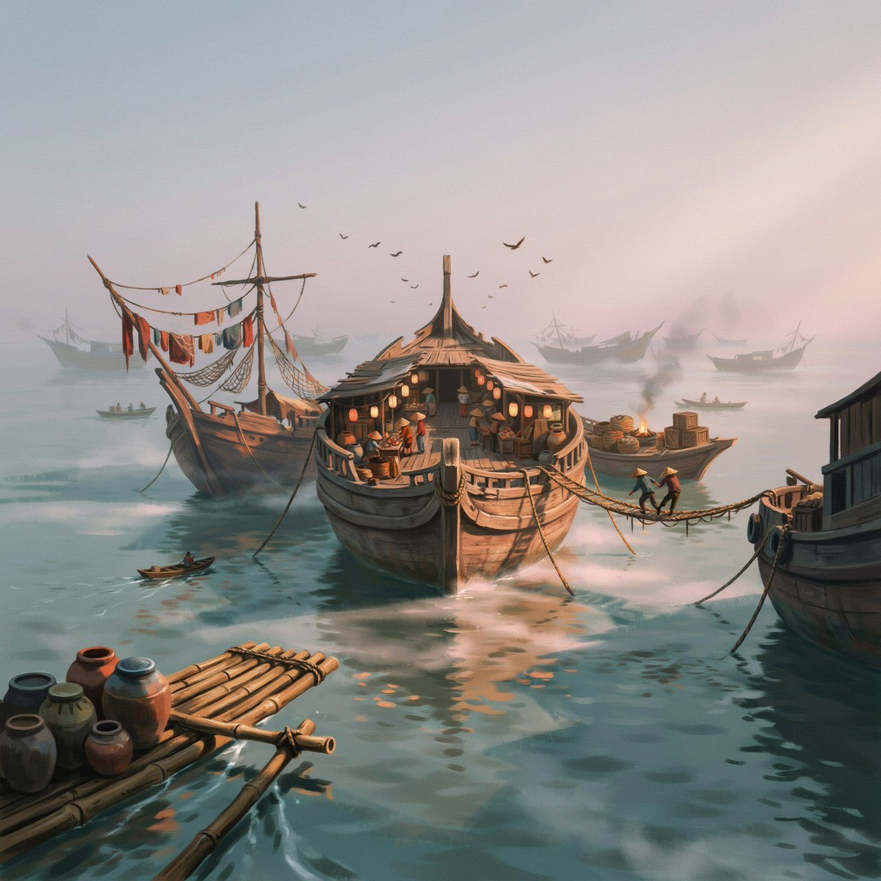 A floating market city built on the hulls of giant upturned ships, rope bridges, morning haze, wide establishing shot. — Ideogram v4