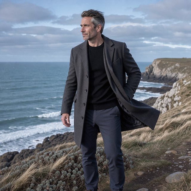 Wind lifts the hem of a charcoal wool coat as an adult man in his late 40s keeps a pensive gaze. The portrait frames him against a windswept coastal bluff beneath cool, cloud-filtered daylight. — FLUX 3 Image