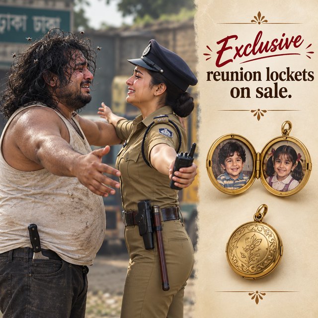 A reunion of long-lost brother and sister, as depicted in Bangladeshi films. The brother is now a thug, he is overweight, with badly cut, long, curly hair. He wears a sleeveless T-shirt. A large knife peeks out of his trousers. His arms open wide to hug his sister. He stinks. So a few flies hover around his head. His sister, typically the film heroine, and therefore very attractive. But she's a cop wearing a cap and body-fitting khaki police dress. A gun in her holster, a baton by her belt, plus a walkie talkie in her one hand. Her arms are also open wide to hug the brother. Both are tearful. They must be placed on one side of the image. On the other side of the image, we place some products from the film that we want to sell: A circular locket that is open like a book, with childhood pictures of the brother and the sister on two sides. Below this open locket, we show a closed locket. Add text: Exclusive reunion lockets on sale. — Model 3