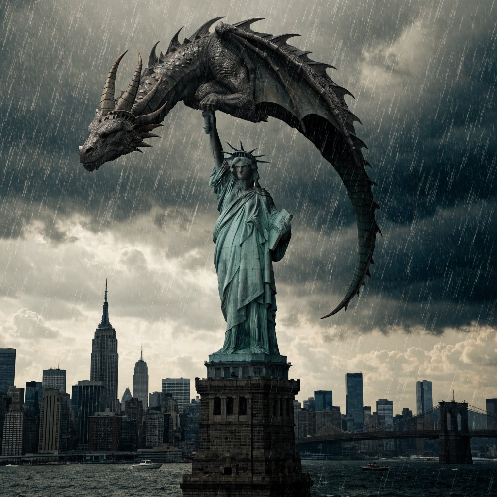 A dragon sleeping on the Statue of Liberty on a moody, overcast day. — Recraft v4