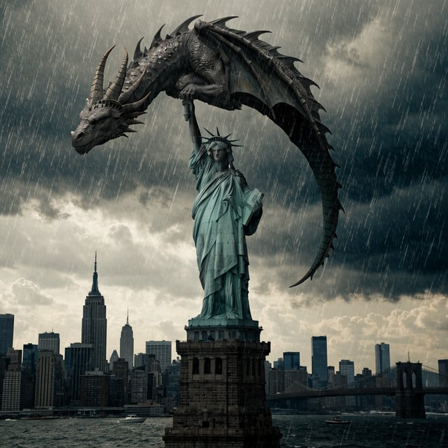 A dragon sleeping on the Statue of Liberty on a moody, overcast day. — Recraft v4