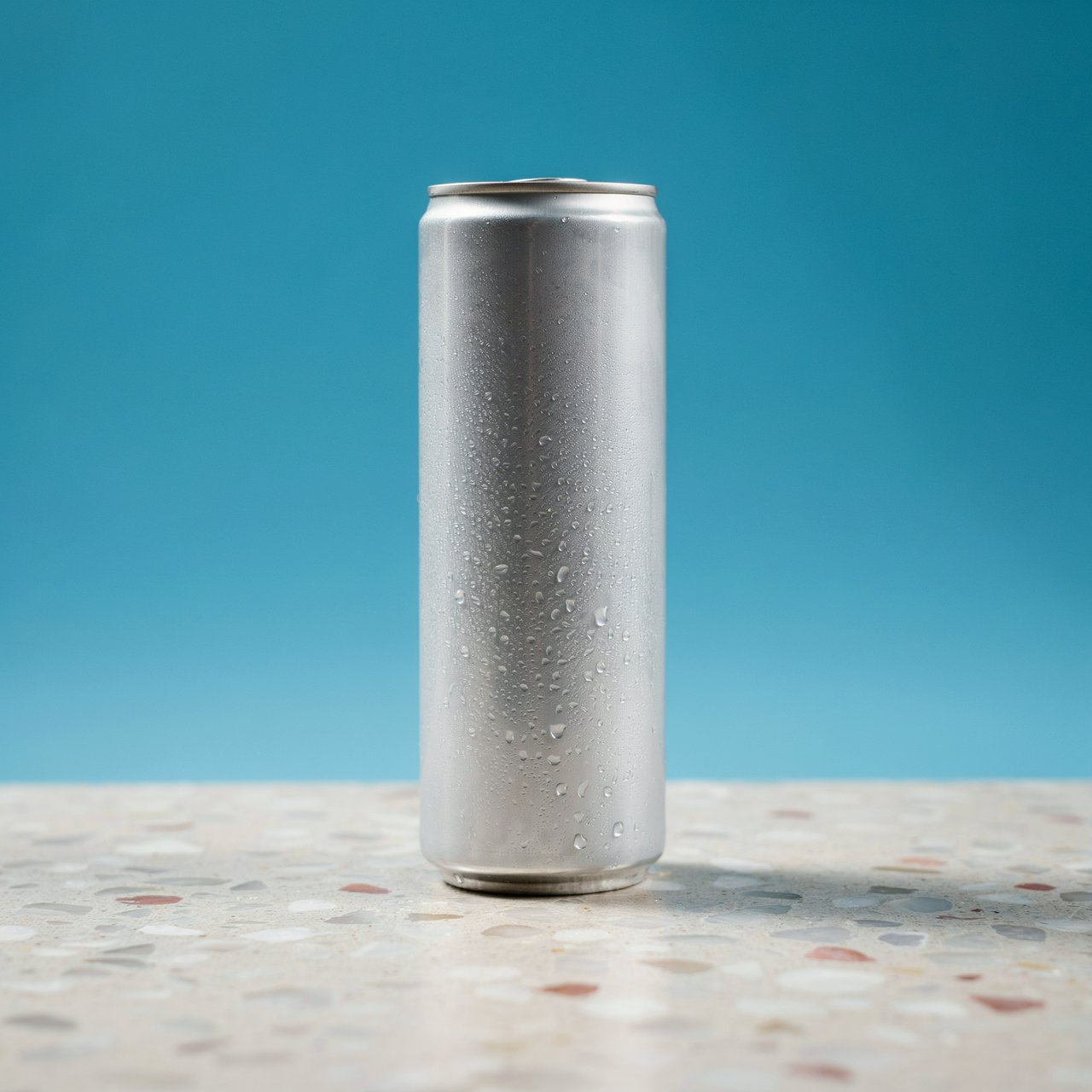A slim, unbranded sparkling-water can of brushed aluminum, beaded with condensation, stands on a pale terrazzo surface against a seamless electric-blue background; broad overhead diffusion and a crisp side strip create clean highlights, with no lettering or graphics. — Ideogram v4
