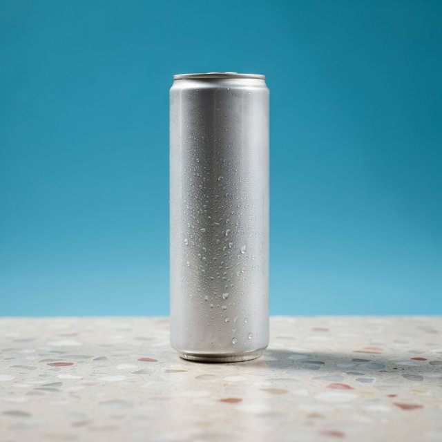 A slim, unbranded sparkling-water can of brushed aluminum, beaded with condensation, stands on a pale terrazzo surface against a seamless electric-blue background; broad overhead diffusion and a crisp side strip create clean highlights, with no lettering or graphics. — Ideogram v4