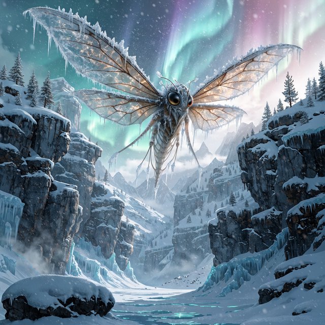 A cathedral-sized mothlike creature glides above a frozen ravine, its translucent wings veined with amber light and fringed with frost. Tiny mountain pines cling to the cliffs as aurora colors ripple across the snow. — Recraft v4 Pro