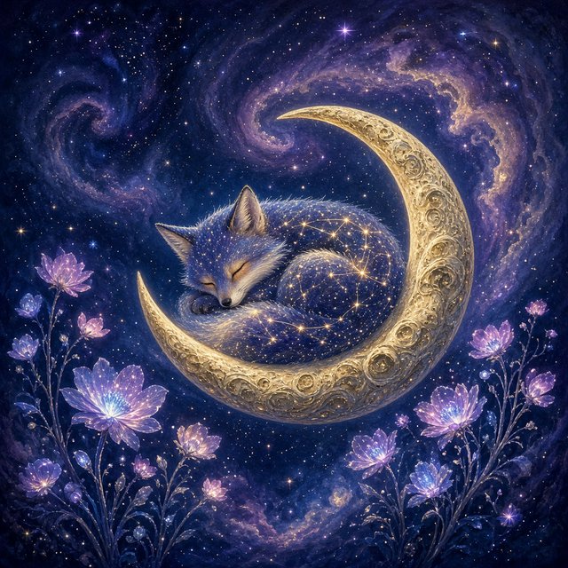 A miniature, intricately detailed fox crafted from living constellations, curled asleep atop a crescent moon. Surrounding it are delicate, bioluminescent flowers that pulse with gentle light, casting intricate shadows. The background is a deep indigo sky filled with swirling nebulae and distant, twinkling stars. The overall aesthetic is dreamlike and whimsical, with a painterly finish and a touch of cosmic wonder. — Grok Imagine Image 2