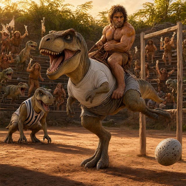 Wide shot of a golden-hour prehistoric football match, photorealistic, cinematic. A weathered, muscular adult caveman with ochre face paint sits upright on a plump medium T-Rex's back, gripping a braided leather leash. The mounted T-Rex strains mid-kick, wearing a tiny faded grey cotton T-shirt riding up over its scaled shoulders and frayed athletic shorts bunched at its hips, one massive clawed foot cocked back behind a pockmarked 3ft stone football. A weathered timber goalpost stands 20 yards ahead; the opposing T-Rex goalie hunches ready in a sleeveless striped jersey #1 and grass-stained shorts, claws dug into dusty red earth. Sunlit bleachers line the natural rock arena: cheering adult cave families wave bone flags, assorted small dinosaurs bounce and roar along the sidelines, warm late-afternoon light gilds fern fronds and dinosaur scales, soft long shadows stretch across the playing field, playful triumphant atmosphere, sharp focus on the kicking T-Rex, shallow depth of field on spectators. — Qwen Image 3.0