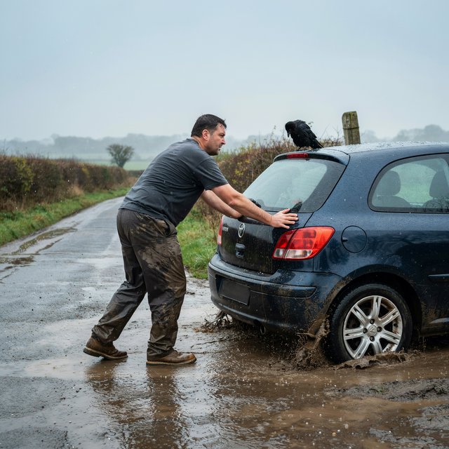 A man is pushing his car, which is stuck in the mud, amid heavy rain in the countryside. The sky is gloomy, and some hail is also falling on the car and the ground. The big man has mud all over his trousers. Show him struggling. — Ideogram v4