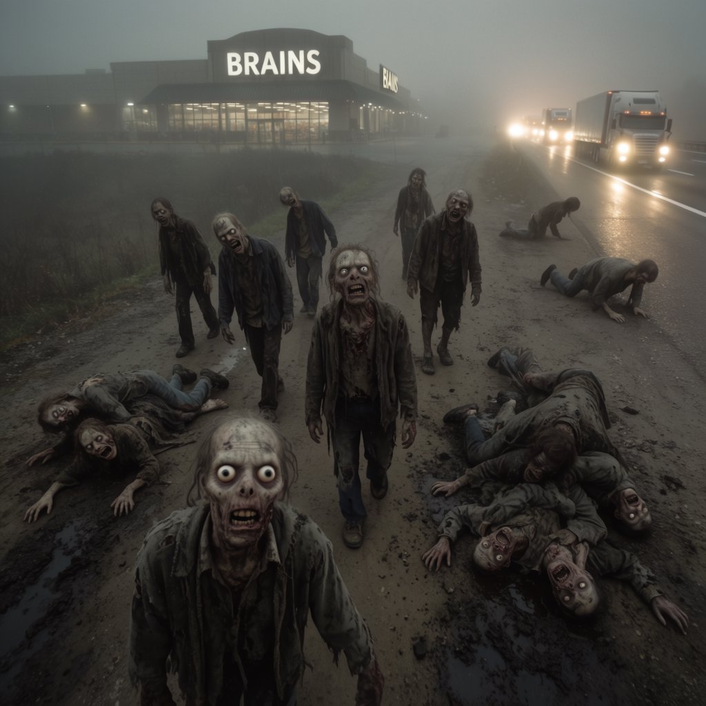 Several weird-looking zombies, some cross-eyed and some wide-eyed, are heading towards a superstore far ahead named "Brains". The superstore is located beside a highway with some trucks driving along it. The zombies are on a rural road connecting to the highway. There are patches of mud in one place on the rural road. The zombies are slipping on the mud and falling—some on their faces, some on their backs, and some on top of other zombies. A couple of fallen zombies are crawling up to the highway, where speeding trucks are passing by. Make it dramatic but funny. — Krea 2 Large