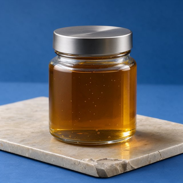 A squat unbranded honey jar with clear glass walls and a plain brushed-aluminum lid rests on honed pale limestone; broad diffused key light and warm rim light shape the commercial product image against a seamless cobalt-blue background, with no lettering. — Model 2