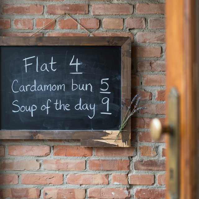 A café chalkboard listing exactly three items: "Flat white 4", "Cardamom bun 5", "Soup of the day 9", in neat chalk handwriting. — Ideogram v4