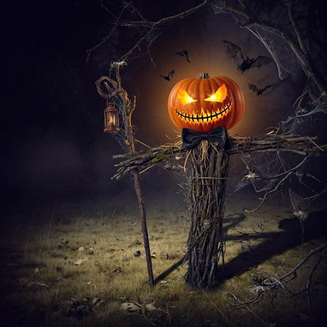 Chiaroscuro contrast, inner-lit glows, dense central detail fading into haze and velvety darkness. A pumpkin-headed scarecrow with a jack-o-lantern face, glowing eyes, stitched grin, bow tie, bark torso, and wooden staff stands in a night forest clearing with dry grass, cobwebs, bats, bare branches, — Model 5