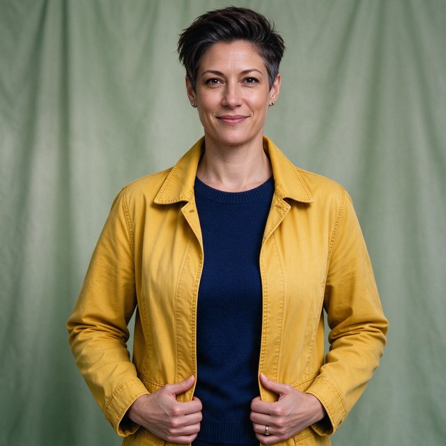 Fashion portrait of an adult nonbinary person in their late twenties wearing a structured saffron-yellow canvas jacket over a fine-gauge navy merino top, hands resting on the jacket hem. Their bright, self-assured expression contrasts with a softly lit sage-green backdrop. — Seedream 5.0 Flash