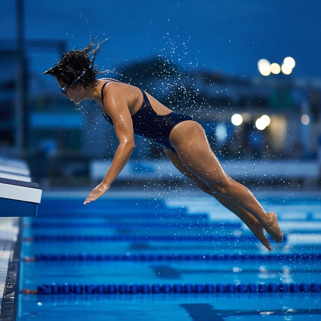 Under the blue-hour floodlights, an adult swimmer drives off the starting block into an outdoor pool. A real-world sports press photo, shot at 200mm with shallow depth of field, captures beads of water suspended around her shoulder. — Grok Imagine Image 2