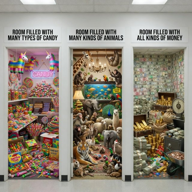 Realistic. Three scenes in one. 1) A room filled with many types of candy. 2) A room filled with many kinds of animals. 3) A room filled with all kinds of money. Above each room, a list names what is inside. — Grok Imagine Image Quality