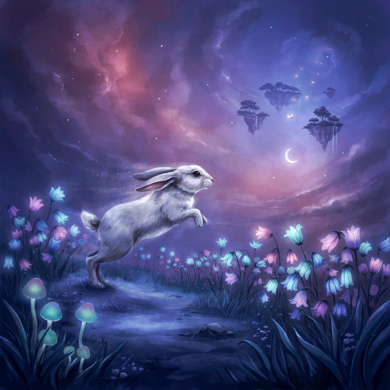 An ethereal rabbit, its fur made of shimmering moonlight, hops through a field of glowing, otherworldly flowers under a sky filled with nebulae. The landscape is dreamlike and surreal, with floating islands in the distance. The style is a delicate digital painting with fantasy elements, evoking a sense of wonder and tranquility. — Ideogram v4