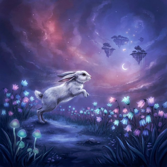 An ethereal rabbit, its fur made of shimmering moonlight, hops through a field of glowing, otherworldly flowers under a sky filled with nebulae. The landscape is dreamlike and surreal, with floating islands in the distance. The style is a delicate digital painting with fantasy elements, evoking a sense of wonder and tranquility. — Ideogram v4