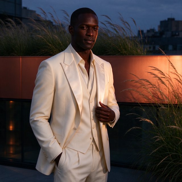Under the copper glow of a rooftop terrace, an adult Black man in a tailored cream dinner suit is caught smoothing his lapel as evening breeze stirs nearby grasses; calm poise, sculpted shadows and refined fashion-magazine polish. — Seedream 5.0 Flash