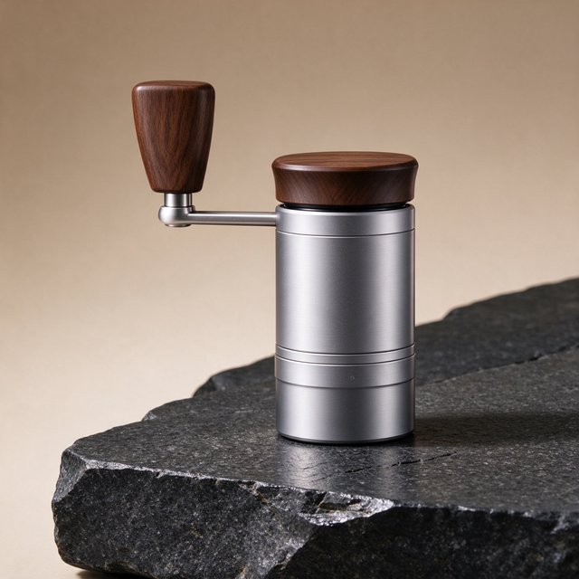 Commercial product photograph of an unbranded portable espresso grinder crafted from anodized aluminum with walnut accents, resting on a black stone surface against a warm beige background, illuminated by broad diffused studio light and a subtle edge highlight. — Seedream 5.0 Flash