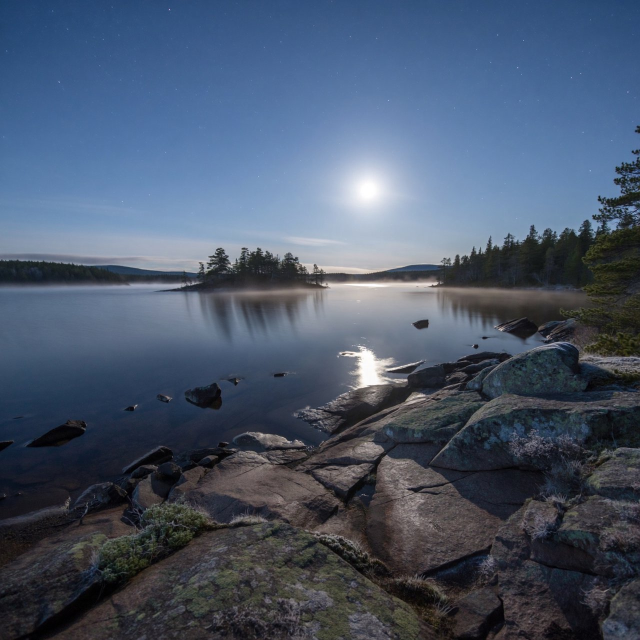 An expansive boreal lake beneath a clear, cold midnight sky, pale moonlight catching thin mist above dark water; spruce-covered islands recede toward distant ridges, while lichen and cracked granite sharpen the near shoreline. — ImagineArt 2