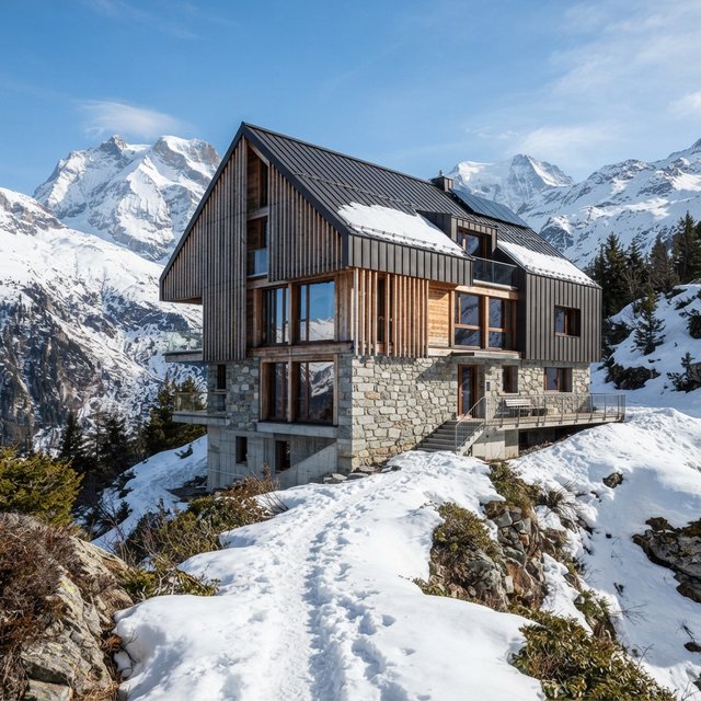 Exterior of a contemporary alpine research lodge in restrained regional modernism, rough granite walls, larch screens, steep standing-seam roof, crisp snow-bright morning light, viewed from below across a mountain footpath, sound structural geometry. — Nano Banana 2 Lite
