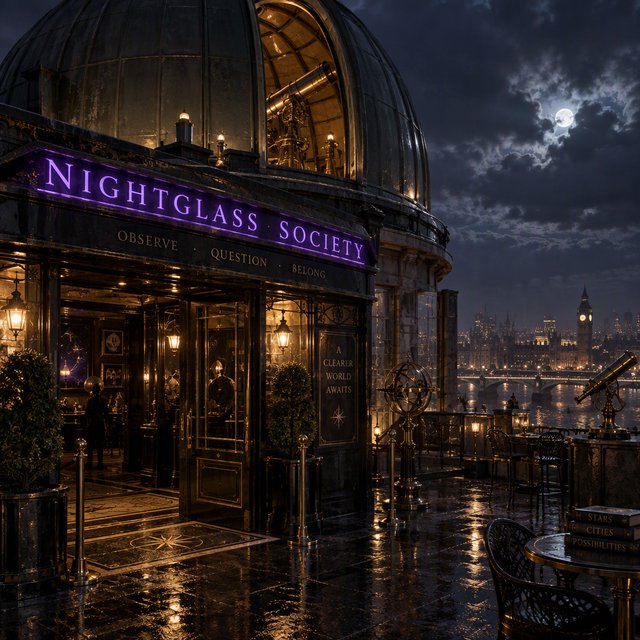 On a rain-darkened rooftop observatory, brass instruments gleam beneath a sliding dome while clouds part above the city; "NIGHTGLASS SOCIETY" glows in violet neon along the entrance canopy. — GPT Image 2.5 Sunburst