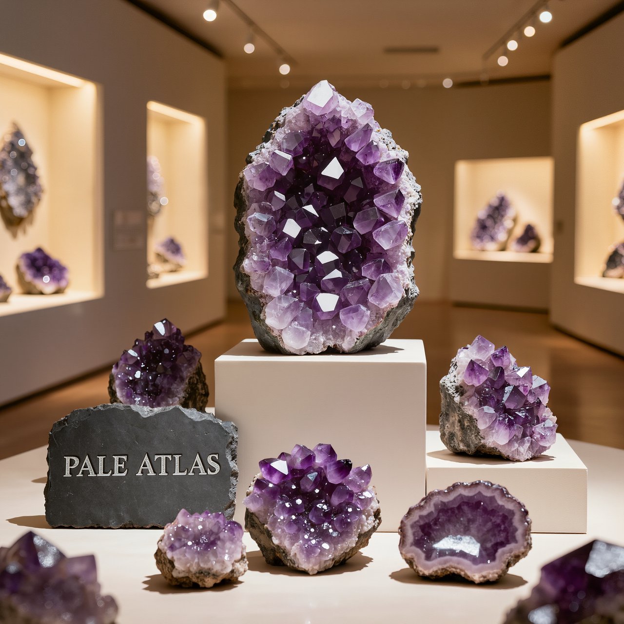 Within a quiet mineral gallery, amethyst clusters and polished geodes catch pools of light; "PALE ATLAS" is carved in clean capitals across a slate plaque beside the entrance. — Kling v3