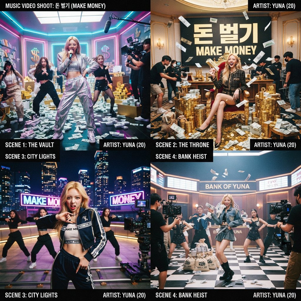 A pretty K-pop idol who is 19–21 years old at a music video shoot. The music video is for her hit song "돈 벌기" (Make Money). The setting of the music video relates to the song name. At least 4 scenes and many angles. — Nano Banana 2 Lite