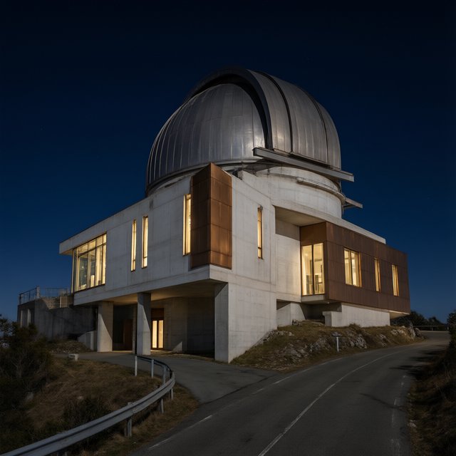 A hilltop observatory in spare contemporary architecture glows against the midnight sky, its pale concrete walls, bronze panels, and narrow windows lit from within; viewed from the access road, crisp edges and credible structural supports. — Qwen Image 3.0
