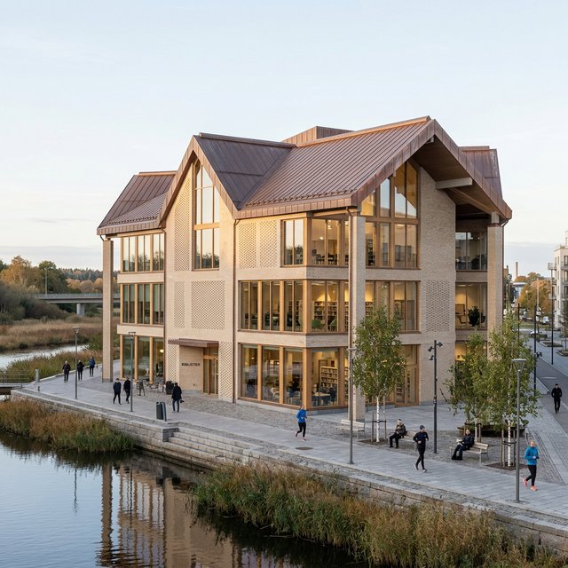 A riverside public library in contemporary Nordic brick architecture combines pale buff brick, oak-framed glazing, and a copper roof; cool morning light grazes its elevations, viewed from across the promenade, with straight lines and credible supports. — Model 15