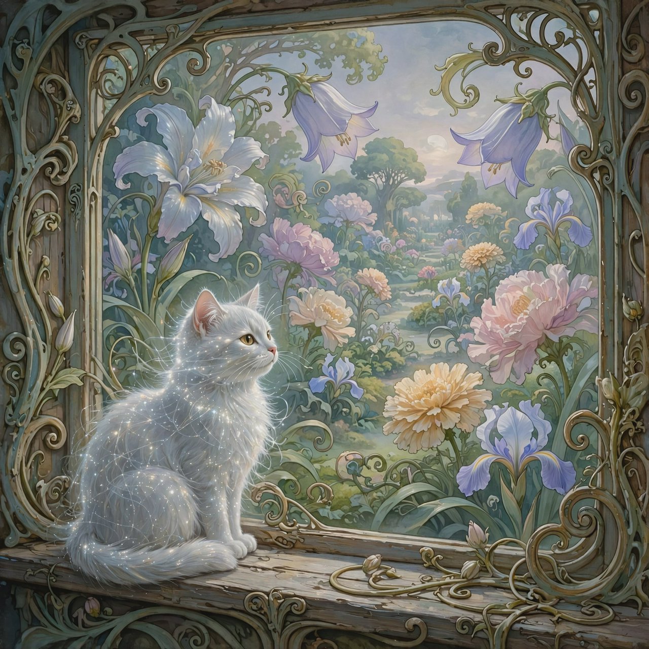 A whimsical cat with fur like spun moonlight sits on a windowsill overlooking a dreamlike garden. The garden is filled with oversized, fantastical flowers rendered in a soft, painterly style, with elements of Art Nouveau curves in the plant designs. The overall mood is serene and enchanting. — Muse Image 1.0