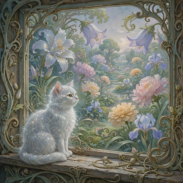 A whimsical cat with fur like spun moonlight sits on a windowsill overlooking a dreamlike garden. The garden is filled with oversized, fantastical flowers rendered in a soft, painterly style, with elements of Art Nouveau curves in the plant designs. The overall mood is serene and enchanting. — Model 14