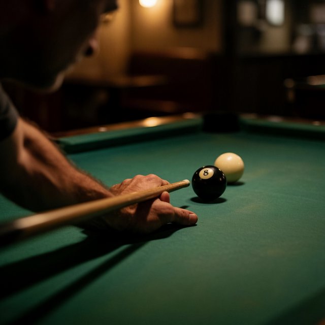 First-person perspective of an adult pool player’s left hand holding the cue, aiming the white cue ball at the black 8-ball and intending to pocket it in the center pocket. — Krea 2 Medium