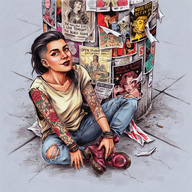 Realistic India ink illustration with crisp black lines, realistic anatomy and proportions, and watercolor fills; black ink outlines remain visible. Full-length, overhead view. A Latina woman sits on the pavement with her back against an enormous, thick round downtown pillar covered in posters for bands, art shows, burlesque, and a lost dog. One hand rests on the pavement, the other on an ankle. She tilts her head back, looking up at the viewer with a confident smile. Character: 25-year-old woman, medium-brown skin, slim build, edgy punk/goth appearance. Black asymmetrical undercut, right side shaved, longer top brushed across forehead, short messy ponytail. Sharp features, arched brows, brown almond-shaped eyes, heavy eyeliner, dark burgundy lipstick, six ear piercings. Each fingernail a different color. Loose pale-yellow graphic T-shirt, ripped blue jeans, dark red combat boots. Full left-arm sleeve tattoo of vines, leaves, and red roses. Thick black leather bracelets on both wrists. — Ideogram v4