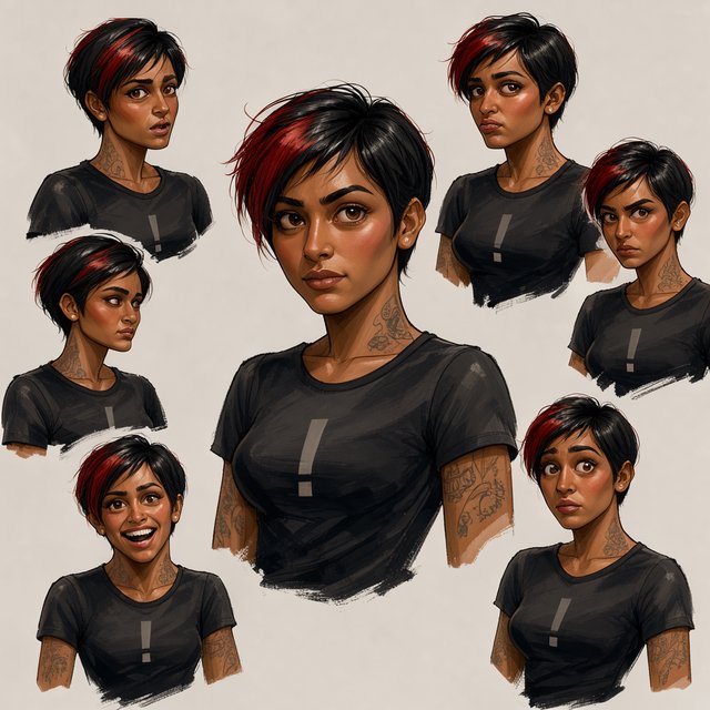 Character exploration sheet of the same 25-year-old Indian woman in several bust and waist-up studies, varied expressions and three-quarter views, one larger central portrait. Warm brown skin, black pixie haircut with red streaks, tattoos, tight T-shirt bearing an exclamation mark (!). Plain warm light-gray background, irregular painted edges. Stylized semi-realistic digital painting with animation-inspired proportions, large expressive eyes, strong brows, simplified anatomy and convincing volume. Minimal linework, soft blended facial shading, broad angular brushstrokes on clothing. Luminous warm brown skin with terracotta undertones, subtle blush, restrained highlights. Hair painted in sculpted masses with broad highlights and fine flyaways. Muted charcoal and earthy neutrals, soft directional studio lighting, detailed eyes and lips, loose edges and unfinished brushwork. — FLUX 3 Image Klein
