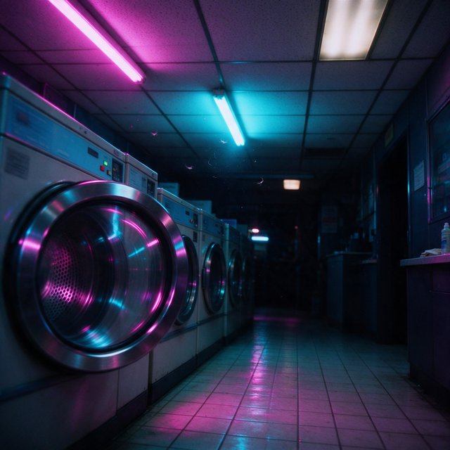 Neon washes a nearly empty overnight laundromat, reflections trembling across tiled floor and spinning steel drums. A handheld street snapshot under magenta and cyan tubes, shot at 35mm with moderate depth of field, catches lint drifting in the air. — Seedream 5.0 Flash