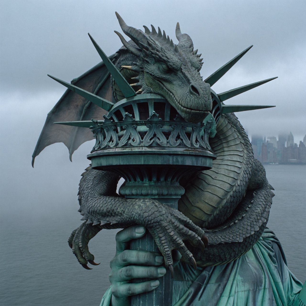 A dragon sleeping on the Statue of Liberty on a moody, overcast day. — ImagineArt 2