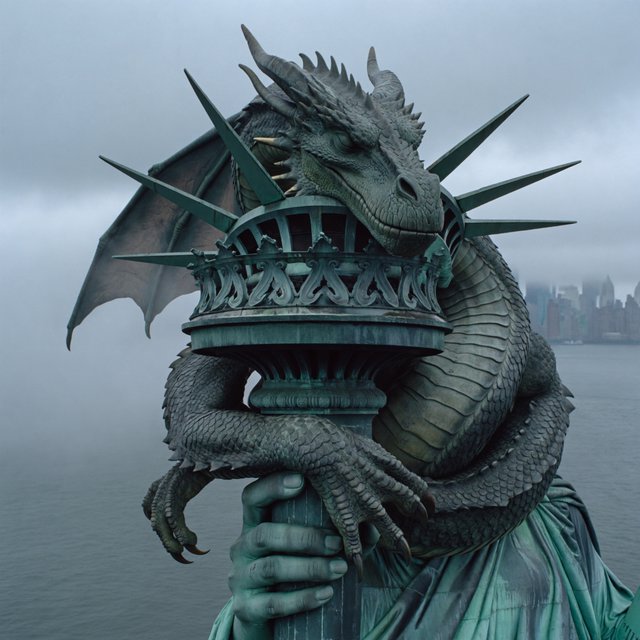 A dragon sleeping on the Statue of Liberty on a moody, overcast day. — ImagineArt 2