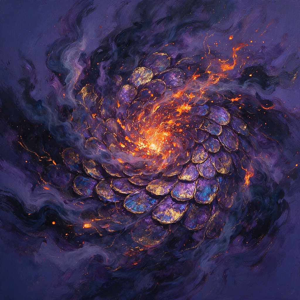 An abstract tapestry woven from the dreams of a sleeping dragon, depicted as a chaotic yet beautiful explosion of iridescent scales, fiery embers, and swirling smoke. The composition is dynamic and energetic, with bold brushstrokes and a rich, textured surface. The style is abstract expressionism, capturing the raw, untamed essence of draconic power. — Seedream 5.0 Pro