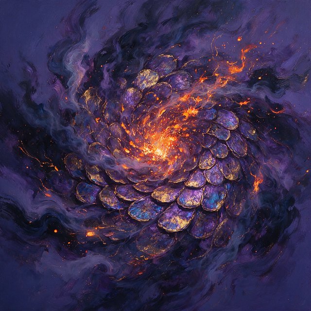 An abstract tapestry woven from the dreams of a sleeping dragon, depicted as a chaotic yet beautiful explosion of iridescent scales, fiery embers, and swirling smoke. The composition is dynamic and energetic, with bold brushstrokes and a rich, textured surface. The style is abstract expressionism, capturing the raw, untamed essence of draconic power. — Seedream 5.0 Pro