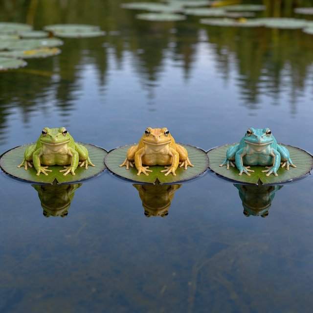 A still pond holds exactly three frogs on separate lily pads: a lime-green frog at the left, a golden-yellow frog in the center, and a turquoise frog at the right. All face forward; nothing else. — Model 1