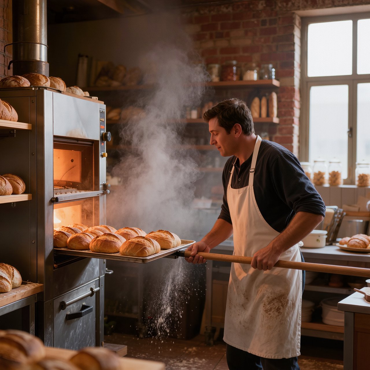 Candid documentary photograph of an adult baker sliding a tray of bread into a neighborhood bakery oven, warm oven glow mixing with gray dawn window light, 35mm lens with moderate depth of field, flour dust suspended above the workbench. — Kling v3