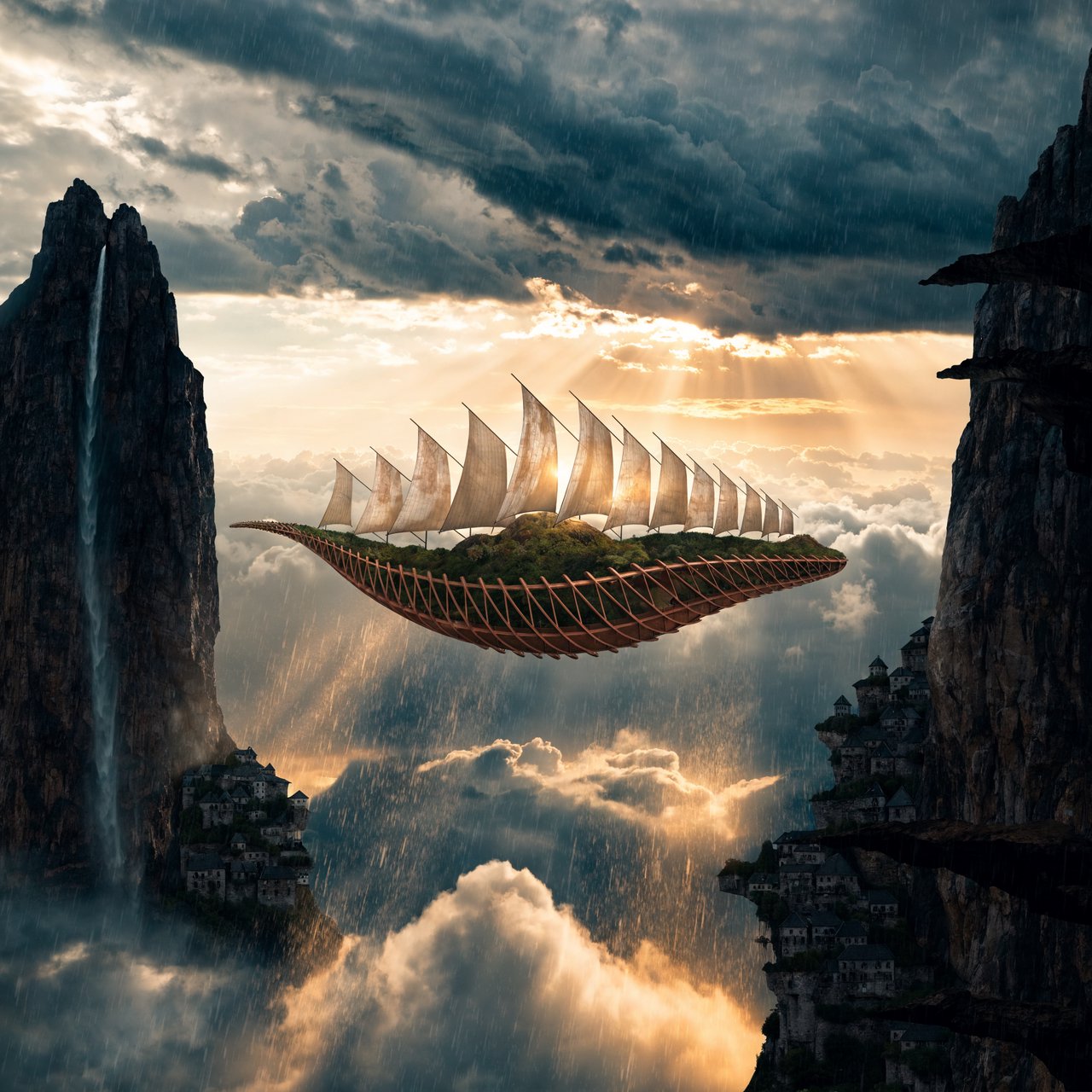A vast, whale-shaped sky barge sails between mountain spires, its copper ribs supporting gardens and glowing sailcloth. Below, cloud rivers curl around tiny cliff villages as sunset pours through storm breaks, outlining the vessel in molten gold. — Recraft v4 Pro
