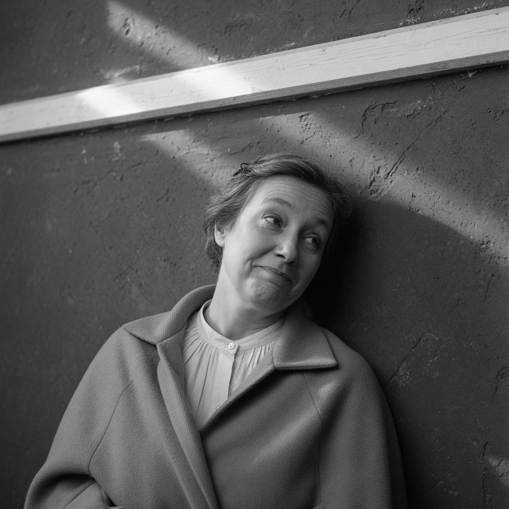 Under a narrow window beam, an adult woman in her late 50s wears a sculpted wool cape over a cotton blouse; her wry expression rests against a charcoal plaster backdrop in a black-and-white portrait, shaped by soft angled light. — Grok Imagine Image Quality